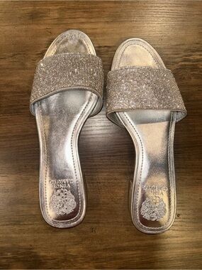Vince Camuto Metallic Silver Crystal-Embellished Slide Sandals